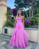 Vintage Hot Pink Strapless Long Prom Dress A-Line Ruffle Formal Dress HZ1024