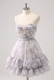Vintage A-Line Homecoming Dress Spaghetti Straps Ruffled Floral Print Tiered Cocktail Dress HZ1024