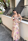 Retro Fashion Purple Flora Design Beach Holiday A-line Spaghetti Strap Dress HZ1024