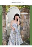 Design Sense Blue Painting Long Dress Holiday Beach Floral Spaghetti Strap Dress HZ1024