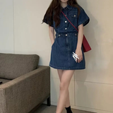 Simple Casual Short Sleeve Button-front Denim Dress HZ1024