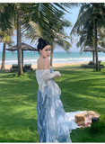 Simple Elegant Blue Floral Design Beach Holiday Spaghetti Strap Dress HZ1024