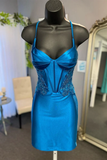 Fashion Blue Corset Bodycon Spaghetti Strap Tight Homecoming Dress HZ1024