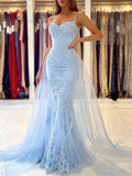 Blue mermaid lace tulle long prom dress, blue evening dress HZ1024
