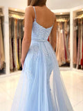 Blue mermaid lace tulle long prom dress, blue evening dress HZ1024
