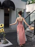 New Fashion Red Plaid Lace Patchwork Design Beach Holiday A-line Sleeveless Strapless Dress HZ1024