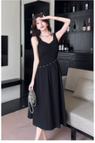 Simple Fashion Black Sleeveless Waist-cinching Design A-line Vest Dress HZ1024