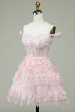 Vintage Pink Floral Embroidery Design A-line Off-the-shoulder Tiered Homecoming Dress HZ1024