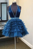 Fashion Navy Blue Multi-Layered Tulle Design A-line Halter Homecoming Dress HZ1024