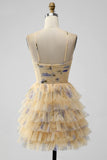 Vintage Yellow Floral Design A-line Spaghetti Strap Tiered Homecoming Dress HZ1024