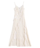 Vintage Fashion Beige Irregular Ruffled Hem Design Elegant A-line Spaghetti Strap Dress HZ1024