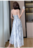 Vintage Blue Floral Design Beach Holiday A-line Long Spaghetti Strap Dress HZ1024
