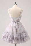 Vintage A-Line Homecoming Dress Spaghetti Straps Ruffled Floral Print Tiered Cocktail Dress HZ1024