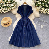 Stylish Summer Advanced Deep V-neck Waist Slim Pleated Casual Denim Dress HZ1024