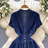 Stylish Summer Advanced Deep V-neck Waist Slim Pleated Casual Denim Dress HZ1024