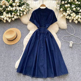 Stylish Summer Advanced Deep V-neck Waist Slim Pleated Casual Denim Dress HZ1024