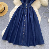 Stylish Summer Advanced Deep V-neck Waist Slim Pleated Casual Denim Dress HZ1024