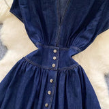 Stylish Summer Advanced Deep V-neck Waist Slim Pleated Casual Denim Dress HZ1024