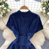 Stylish Summer Advanced Deep V-neck Waist Slim Pleated Casual Denim Dress HZ1024