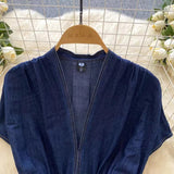 Stylish Summer Advanced Deep V-neck Waist Slim Pleated Casual Denim Dress HZ1024