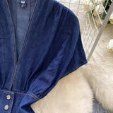 Stylish Summer Advanced Deep V-neck Waist Slim Pleated Casual Denim Dress HZ1024