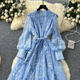 Vintage French V-neck Lantern Sleeve Single-breasted Waist Draw-in Embroidered Dress HZ1024