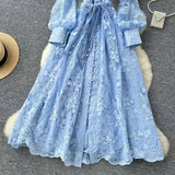Vintage French V-neck Lantern Sleeve Single-breasted Waist Draw-in Embroidered Dress HZ1024