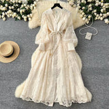 Vintage French V-neck Lantern Sleeve Single-breasted Waist Draw-in Embroidered Dress HZ1024