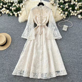 Vintage Elegant Crochet Embroidery Belt Design Single Breasted Flared Sleeve Long Dress HZ1024