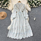 New Hollow Embroidery Round Neck Long Sleeve High Waist Slim Elegant Dress HZ1024
