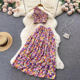 New Seaside Holiday Fashion Short Sleeveless Top High Waist Floral Skirt Two-piece Set HZ1024