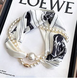 Vintage Floral Design Magnetic Buckle Pearl Soft Silk Scarf HZ1024