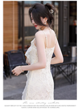 Vintage Fashion Beige Irregular Ruffled Hem Design Elegant A-line Spaghetti Strap Dress HZ1024