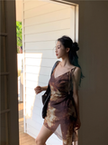 New Fashion Brown Irregular Hem Design A-line V-neck Spaghetti Strap Dress HZ1024