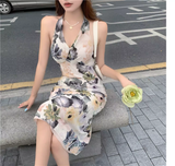 Stylish Elegant V-neck Floral Design Slim Halter Dress HZ1024