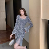 Vintage Elegant Sequins Design A-Line Square Neckline Mermaid Long-sleeved Dress HZ1024