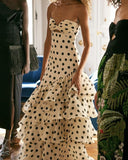 Vintage Polka Dot Strapless Long Prom Dress Sweetheart Ruffle Tiered Formal Dress HZ1024