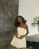 Vintage Faint Yellow Strapless A-Line Homecoming Dress Party Dress Cocktail Dress HZ1024