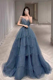 Gorgeous Blue Sparkly Tulle Beaded Prom Dress, Tiered Formal Gown With Rhinestone HZ1024
