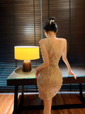 Vintage Champagne Sequin Off-the-shoulder Bodycon Design A-line Homecoming Dress HZ1024