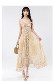 Vintage Yellow Ruffled Hem Floral Design Elegant A-line Spaghetti Strap Dress HZ1024