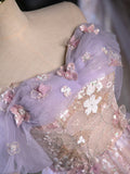 Vintage Light Purple Applique Floral Beaded Off-the-shoulder Design A-line Tulle Party Dress Homecoming Dress HZ1024