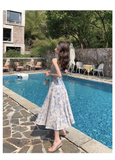 Design Sense Blue Painting Long Dress Holiday Beach Floral Spaghetti Strap Dress HZ1024