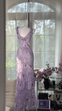 Vintage Light Purple Floral Applique Mermaid Cowl Neck Design Satin Prom Dress Evening Dress HZ1024