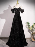 A-line Off Shoulder Velvet Sequin Long Prom Dress, Black Long Formal Dress HZ1024