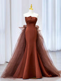 Brown Mermaid Satin Tulle Long Prom Dress, Brown Long Evening Dress HZ1024