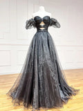 Black A-Line Off Shoulder Tulle Long Prom Dress, Black Formal Evening Dress HZ1024