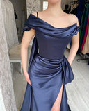 AMAZING LONG NAVY OFF-THE-SHOULDER MERMAID EVENING PARTY GOWNS LONG SLIT HZ1024