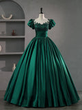 Green Round Neck Satin Lace Long Prom Dress, Green Lace Formal Dress HZ1024
