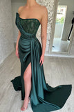 CLASSY LONG DARK GREEN SLEEVELESS BEADING EVENING PARTY GOWNS LONG SLIT HZ1024